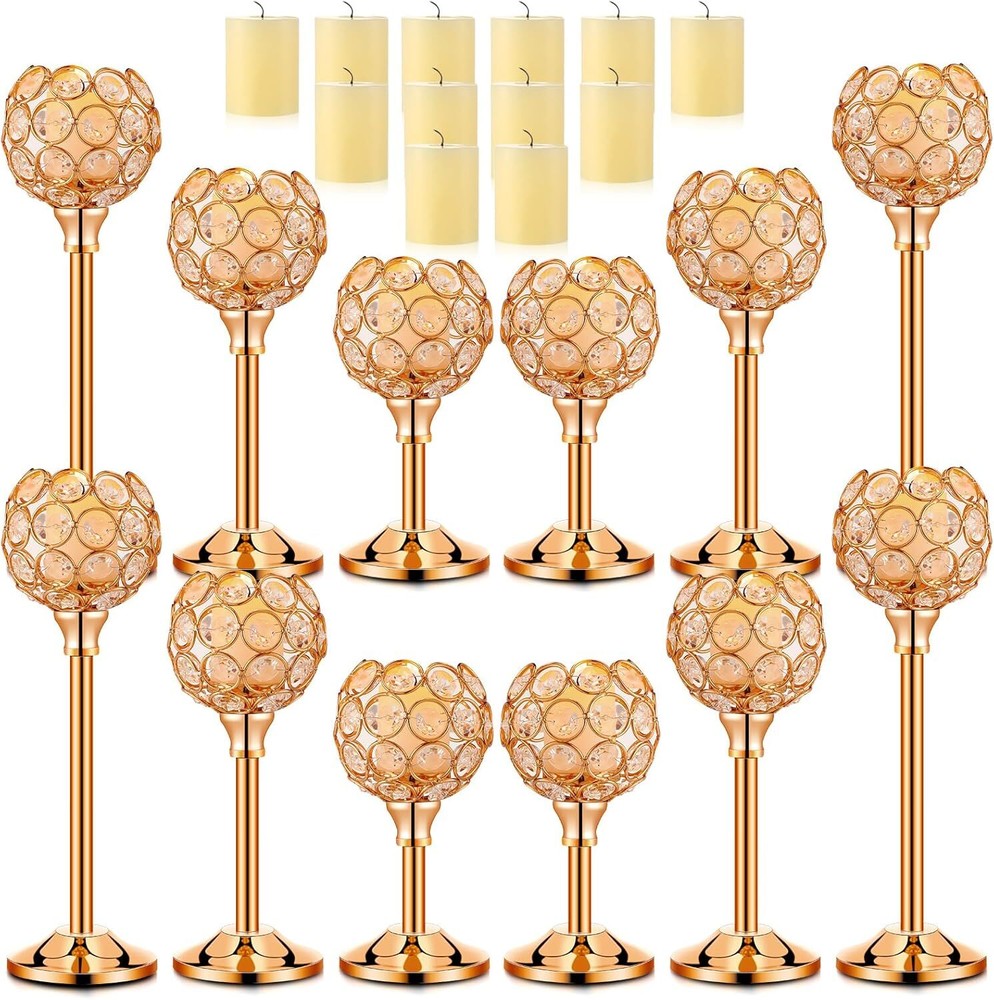 24 Pcs Gold Crystal Candle Holders with 3 Sizes Tea Lights Candles Decorative