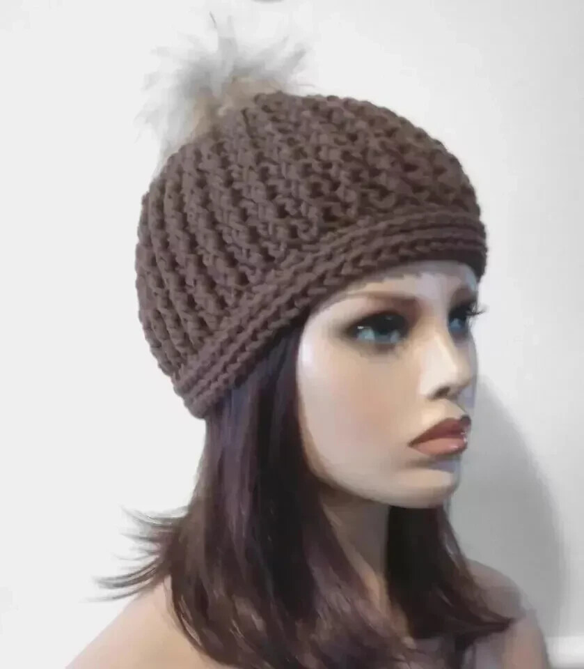 crochet handmade womans hat pom beanie faux fur expresso brown posts USA made