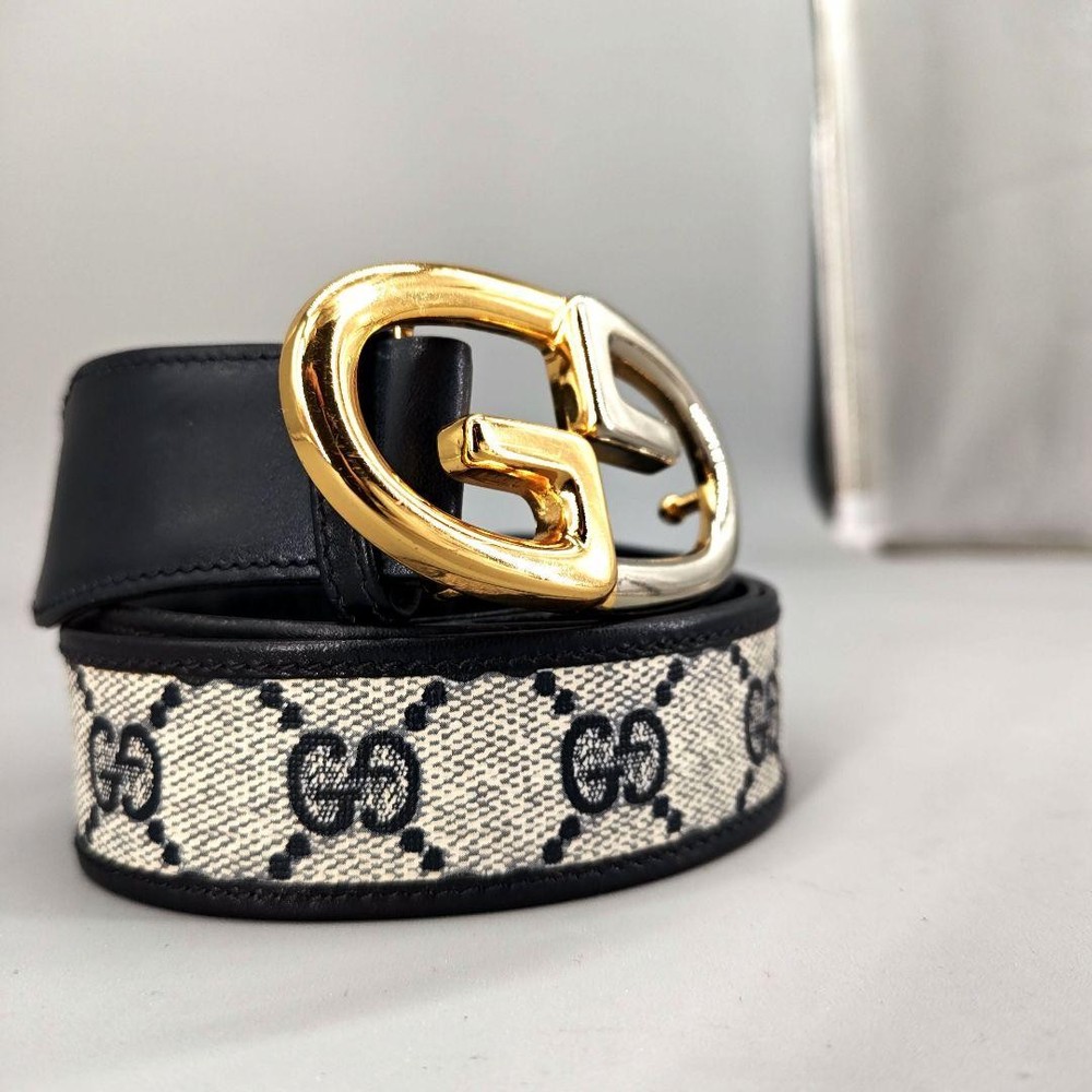 GUCCI GG interlocking buckle belt Leather PVC hardware Navy Authentic  Men's