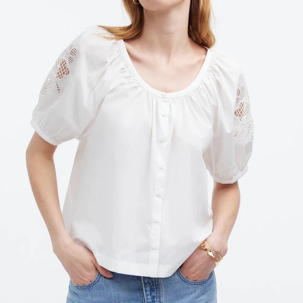 Madewell Embroidered Puff Sleeve Cropped Poplin Blouse for Women