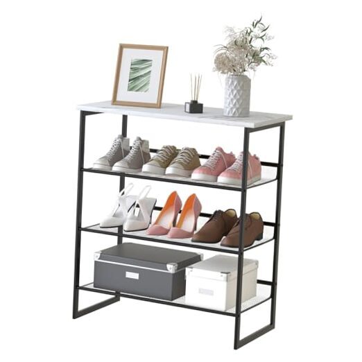 4-Tier White Marble Shoe Rack Freestanding Organizer Storage