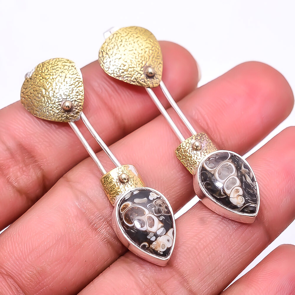 Turritella Agate - Wyoming 925 Sterling Silver Two Tone Earring 1.76