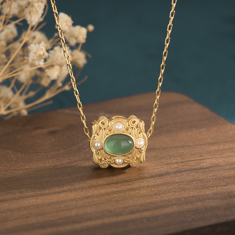 Jade Enamel Charm Necklace with 18K Gold Plated Chain and Safety Lock
