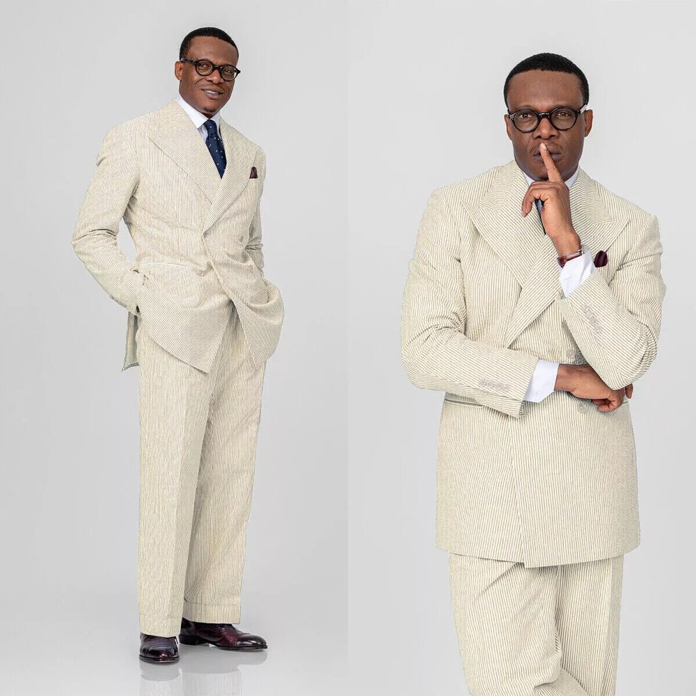 Men Seersucker Suit Yellow Double Breasted Lightweight Prom Business Tuxedo Set