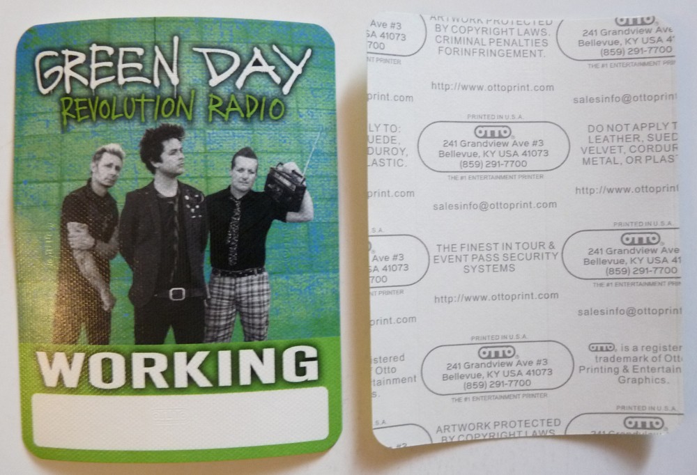 Green Day Revolution Radio Tour Concert Green Working Backstage Pass D5