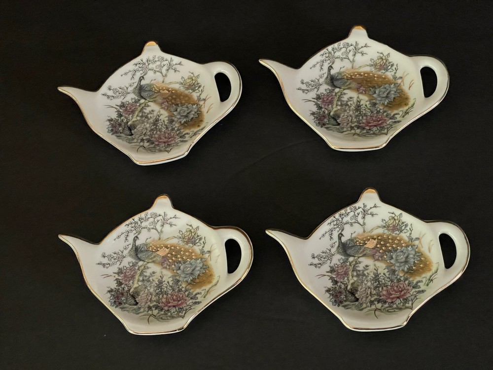 Grace Teaware Tea Bag Plates Teapot Shaped Floral Peacocks White Gold Set Of 4