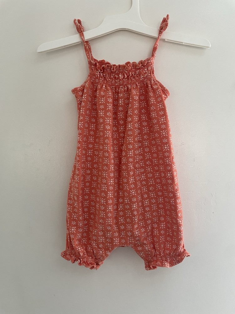 baby Gap Girl Geometric Floral Cotton Smocked Sleeveless Romper Miami Coral 6-9M