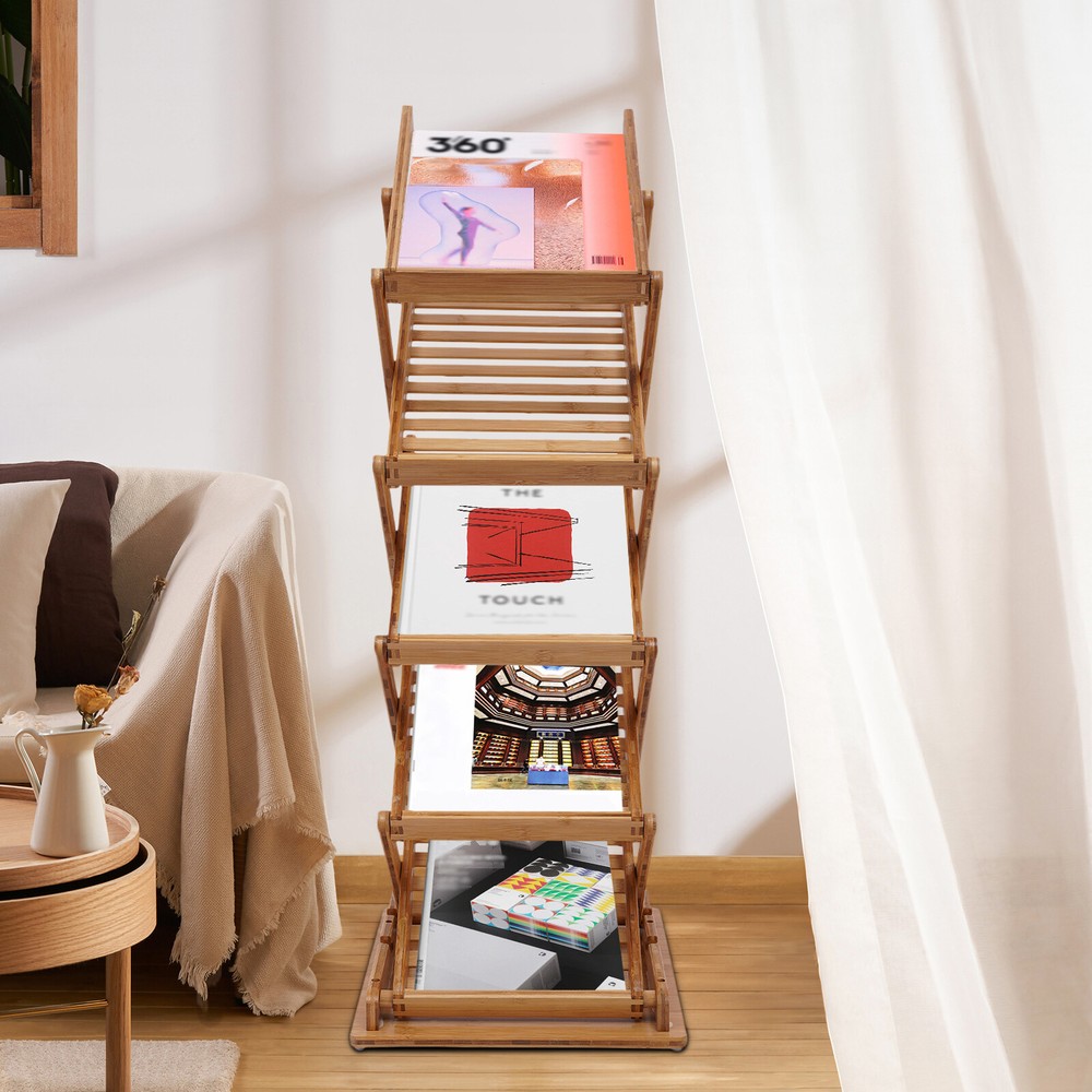 Heavy Duty 5-Tier Foldable Bamboo Magazine Rack Book Stand Shelf