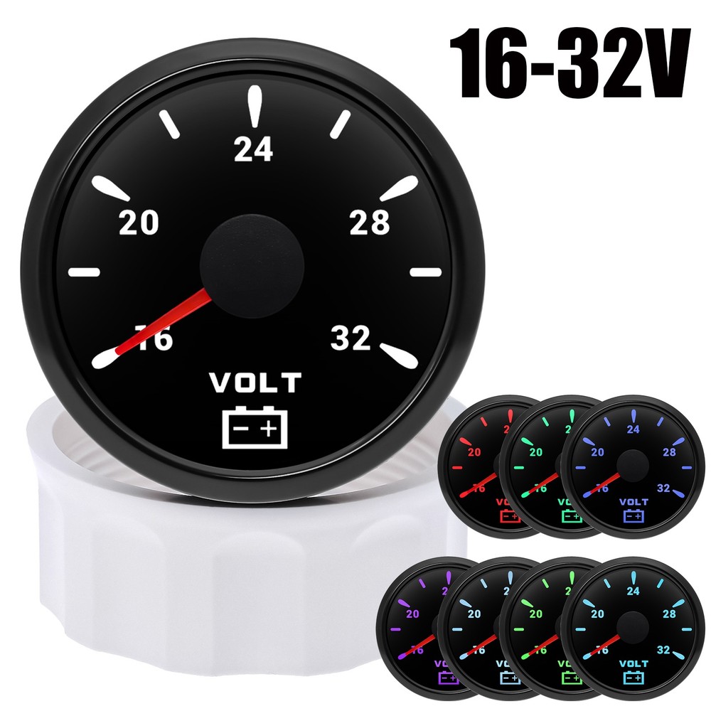52mm Boat Voltmeter Volt Gauge 16-32V 7 Colors LED Voltage 24V For Car Truck