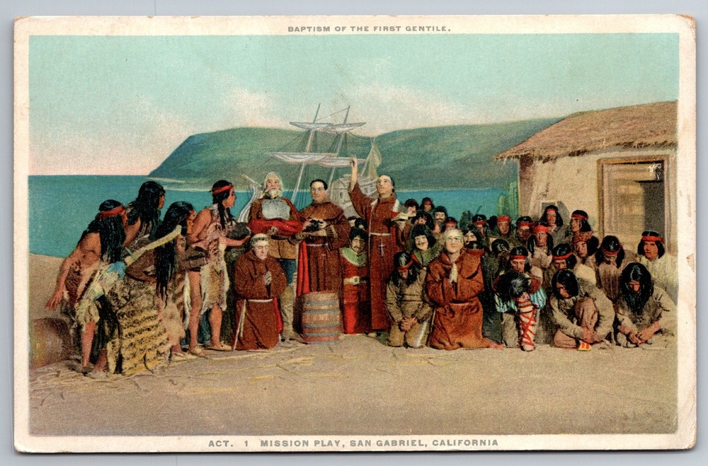 Mission Play Native Americans Baptism San Gabriel CA C1920s Postcard AA17