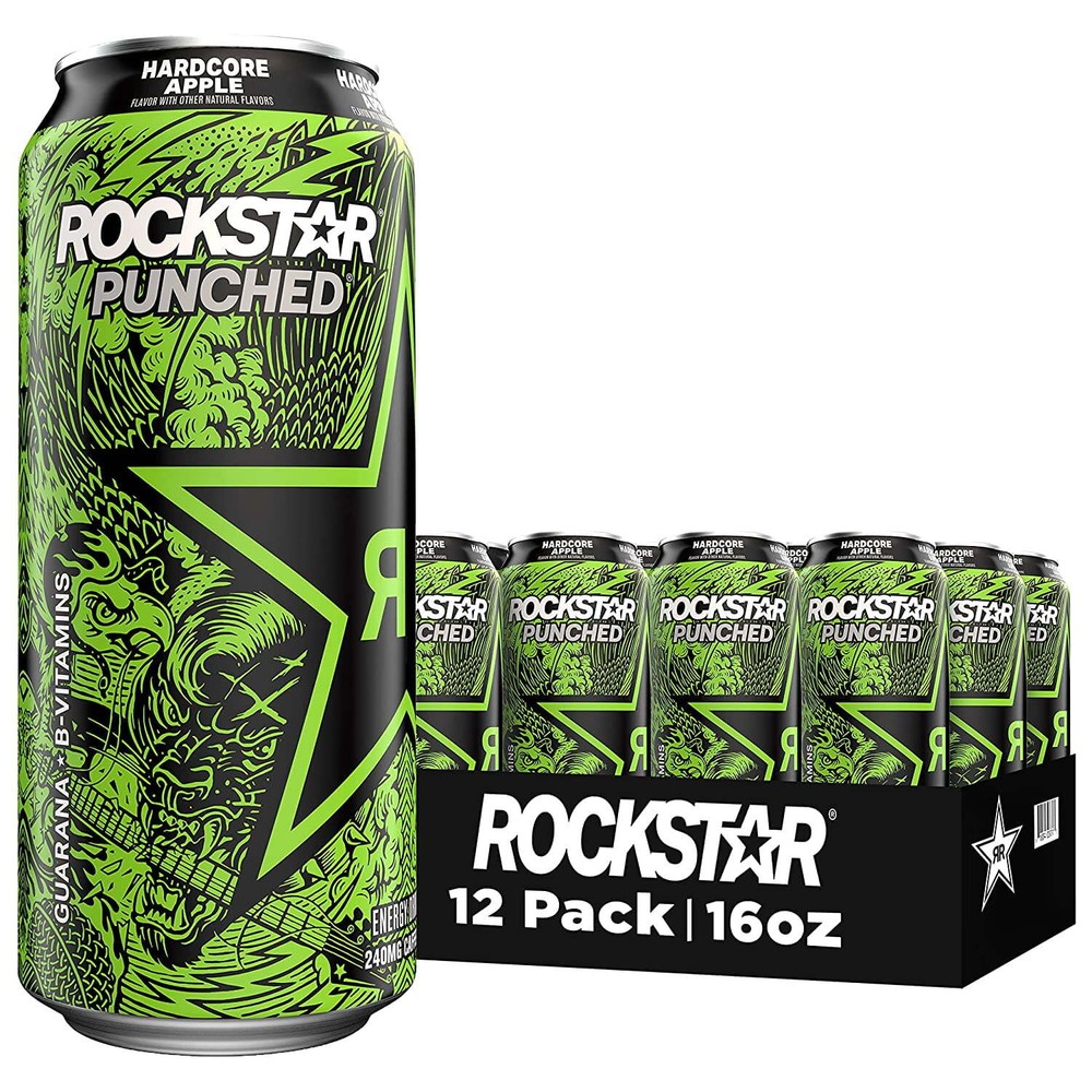 Rockstar Punched Hardcore Apple Energy Drink, 16 Oz, 12 Pack Cans Zero Sugar USA