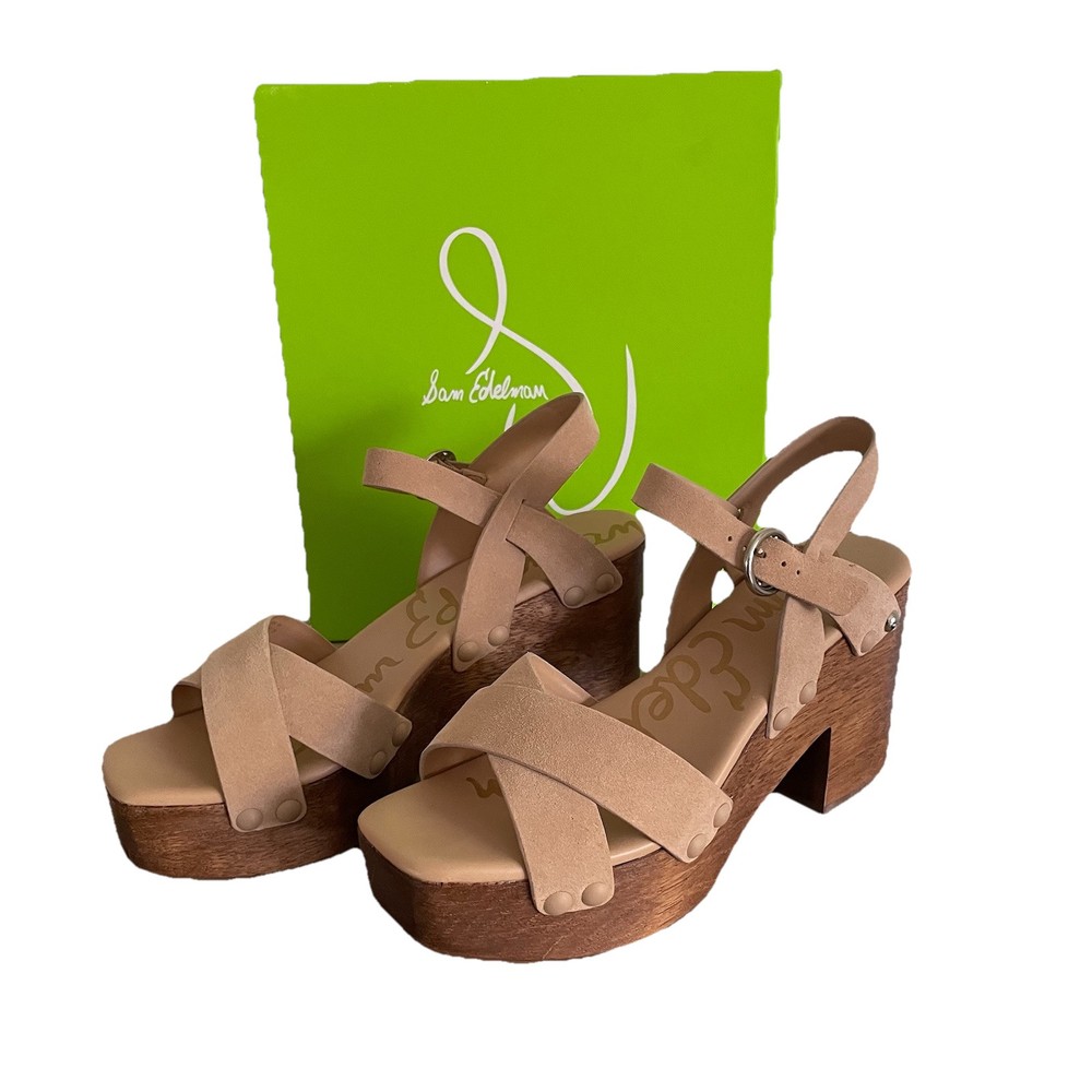 Sam Edelman Josefine Wood Clog Sandals in Camel Suede, Size 39, Brown Platform Heel, Brand New in Box