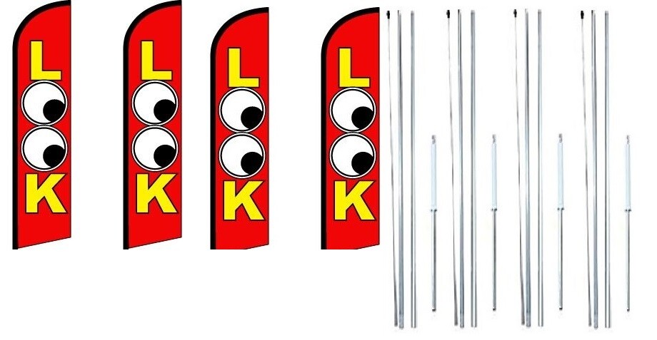 Look (Red) Windless Flag With Complete Hybrid Pole set- 4 pack