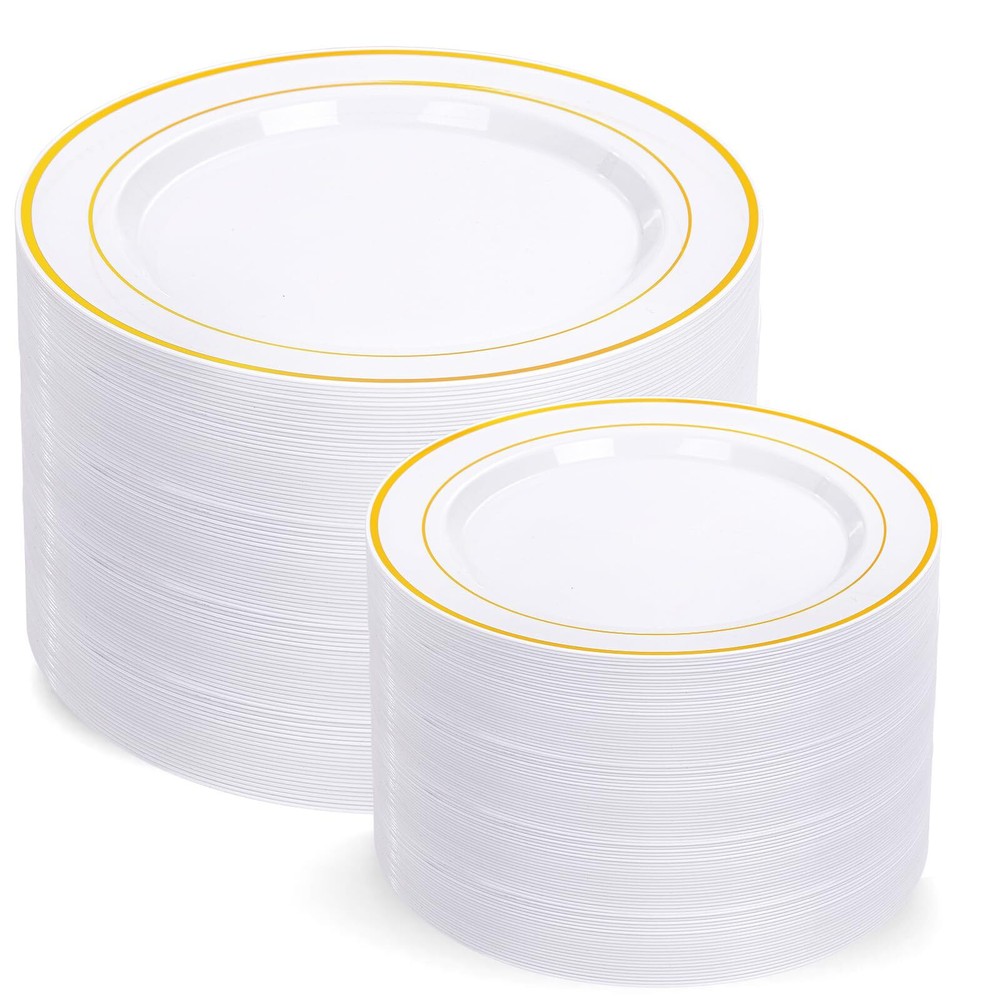 200 Pcs Gold Plastic Plates - Heavy Duty Disposable Party Plates, Gold Plates...