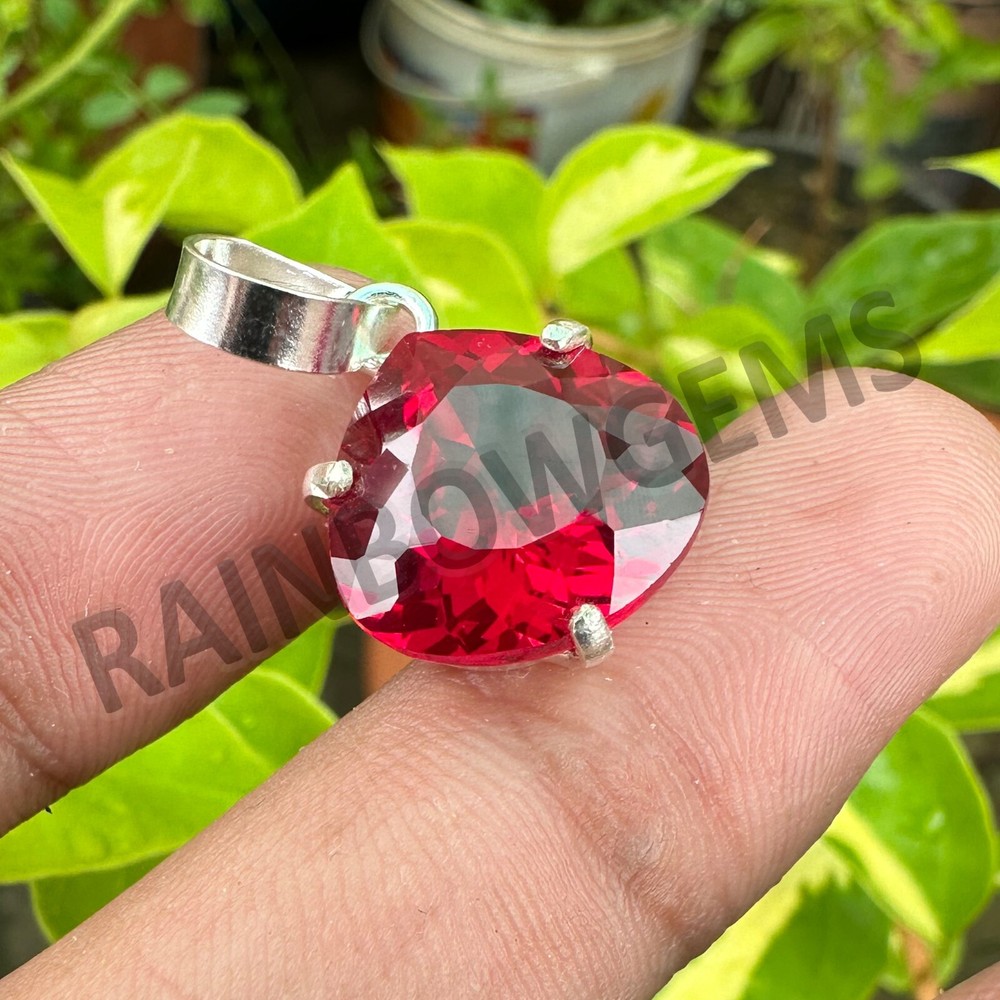 18CT Natural Red Ruby Gemstone 925 Sterling Silver Handmade Pendant