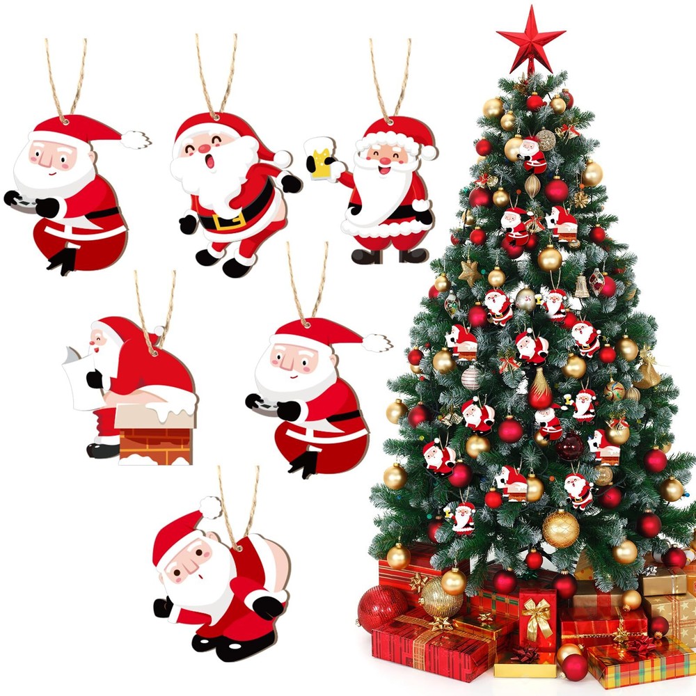 24 Pcs Christmas Tree Ornaments Santa Claus Hanging Ornaments Wooden Funny Or...