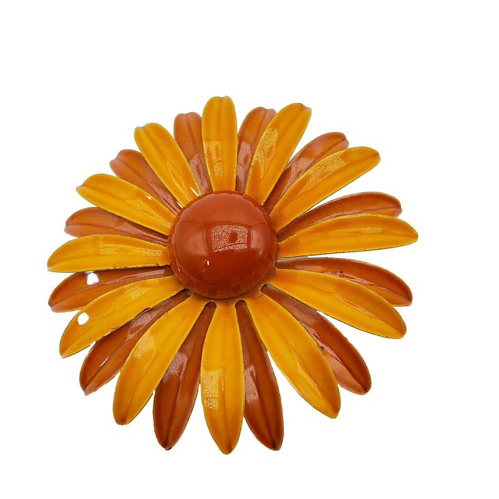 Vintage 1960s Daisy Brooch Yellow Orange Enamel Hippie Flower Power Retro