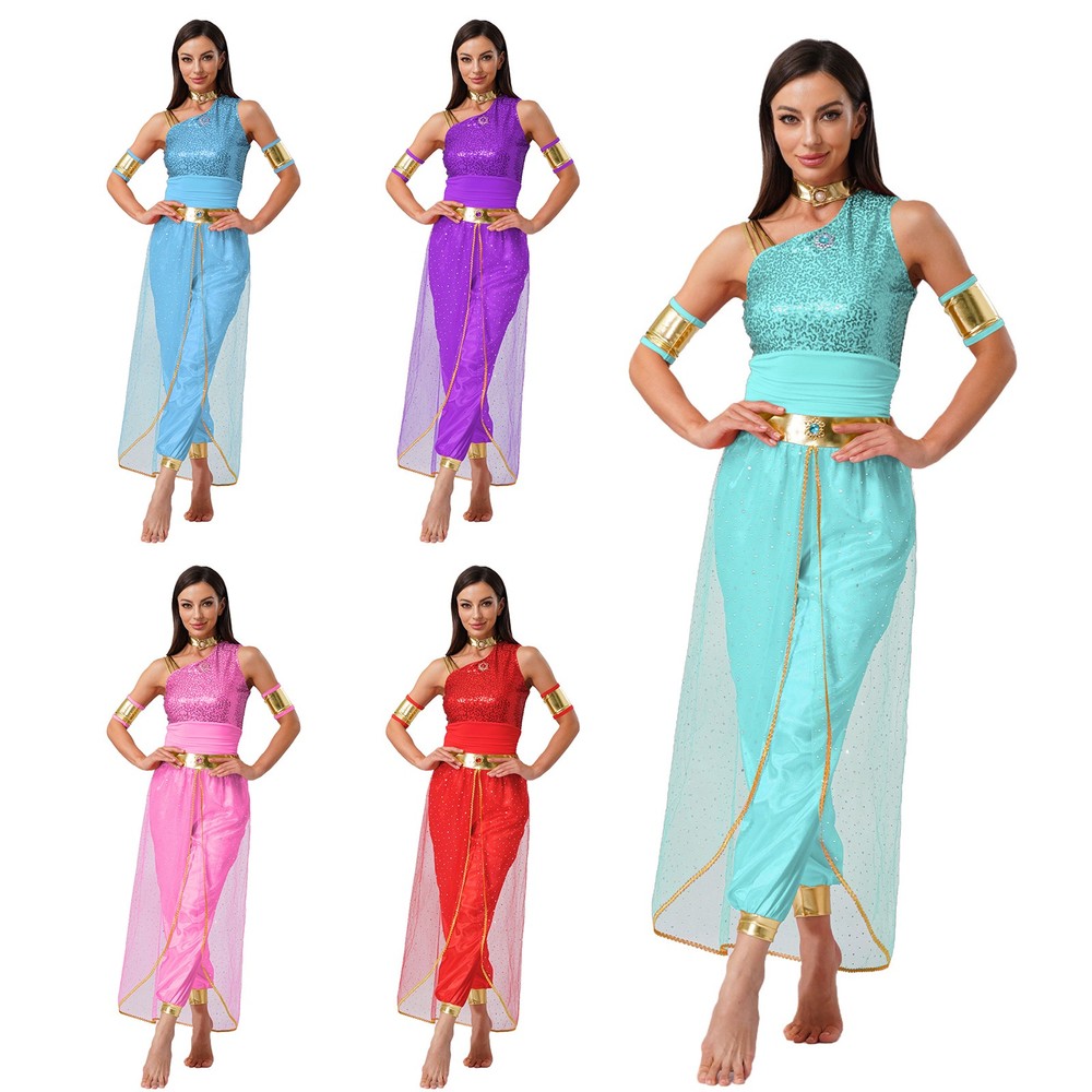 US Womens Arab Princess Cosplay Belly Dance Shiny Tulle Overlay Jumpsuit Costume