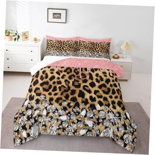 Brown Leopard Comforter Set Size, Pink Glitter Bedding Set 3pcs Queen Multi 26
