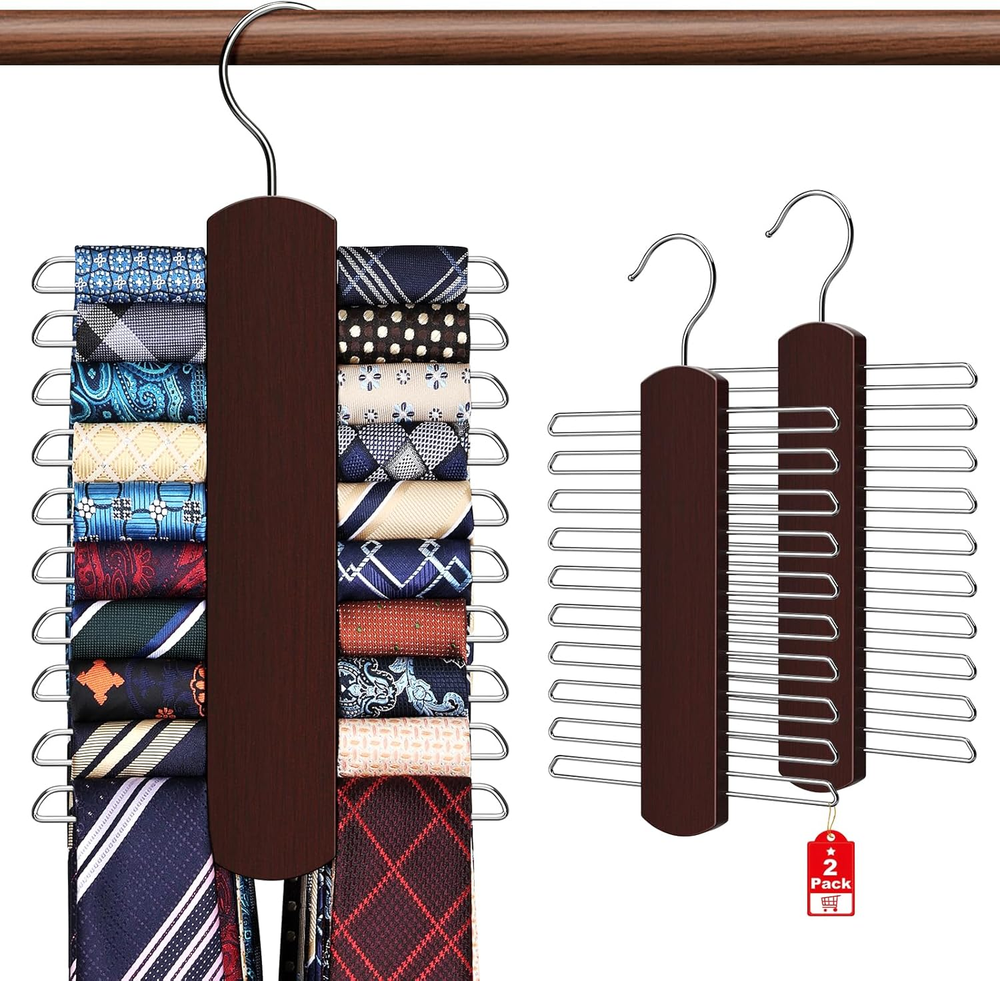 2 Pack Wooden Tie & Belt Organizer Rack for Closet Storage