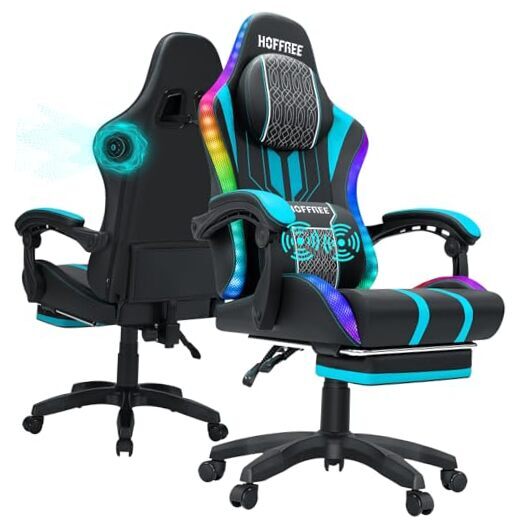 Blue and Black LED Gaming Chair with Massage, Speakers for Big and Tall Gamers