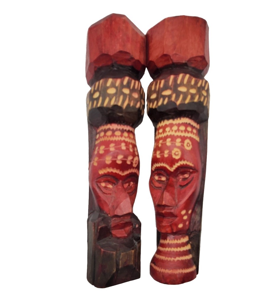 1992 Jamacian Hand Carved Wooden Totem Statues Male And Female Pair Brown Red 8