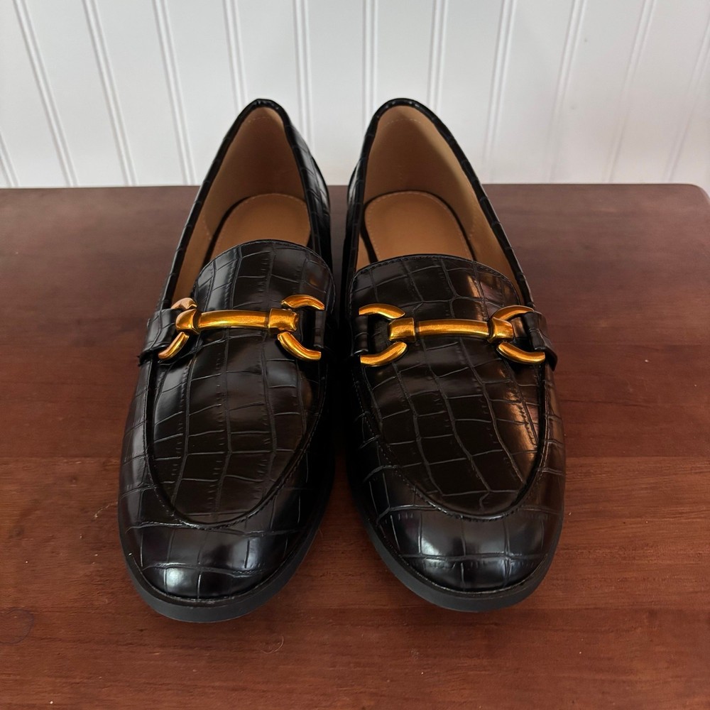 Black Croc Embossed Horsebit Loafers in Size 39