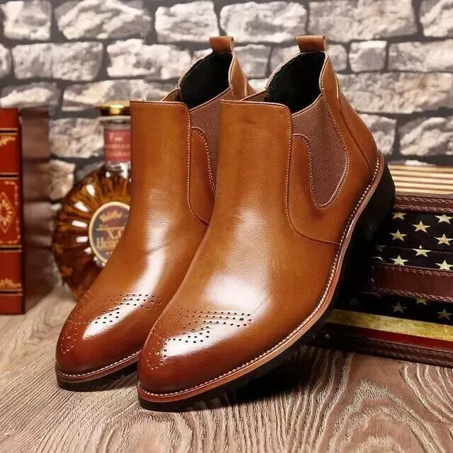Handcrafted Men's Tan Leather Chelsea Boots – Brogue Detailing for Unique Look