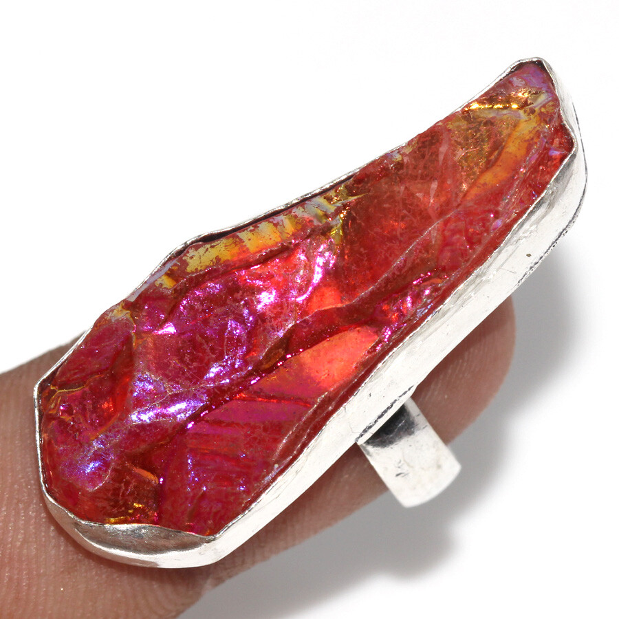 925 Silver Plated Pink Titanium Aura Quartz Ethnic Ring Jewelry Size US 7.5 JW