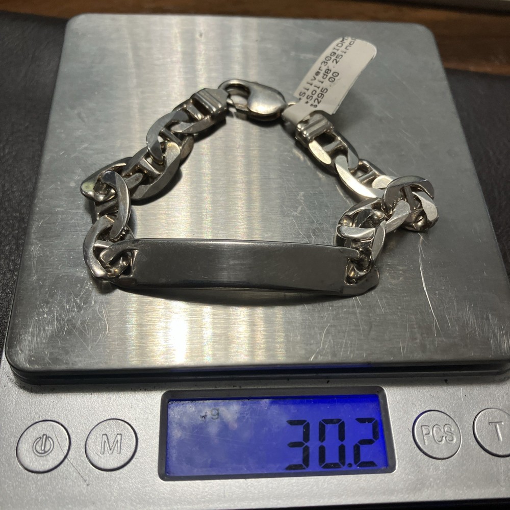 Sterling Silver 925 Men’s ID Bracelet 30 Grams 8.25 Inches Mariner Link