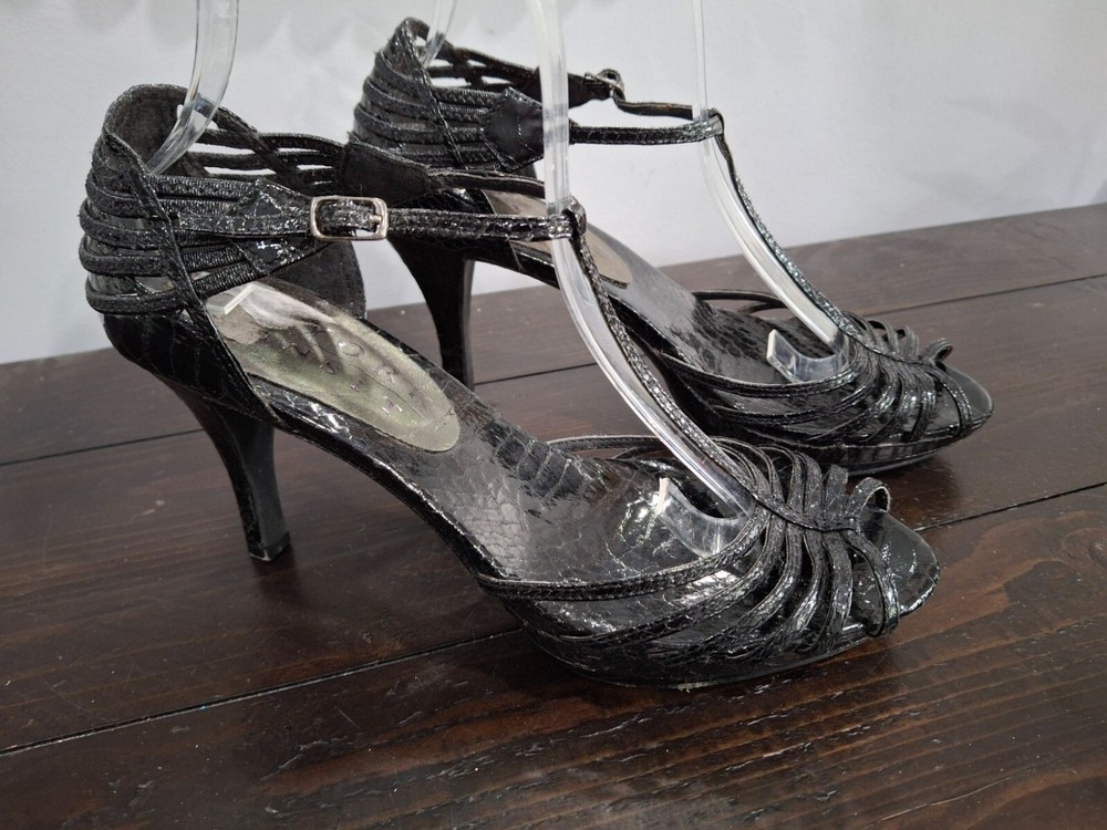 NYC-Inspired Black Metallic Strappy Open-Toe Heels Size 8M