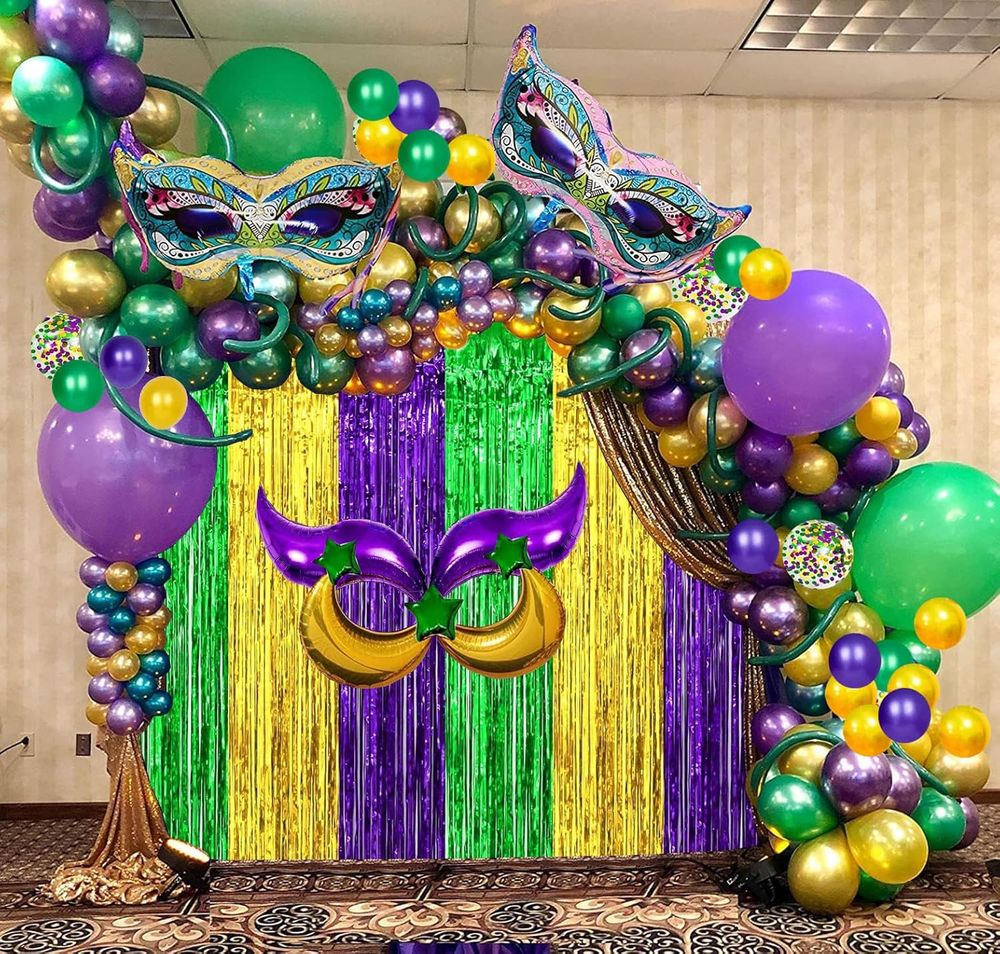 116 Pcs Mardi Gras Decorations - 2Pack Mardi Gras Tinsel Foil Fringe Curtains wi