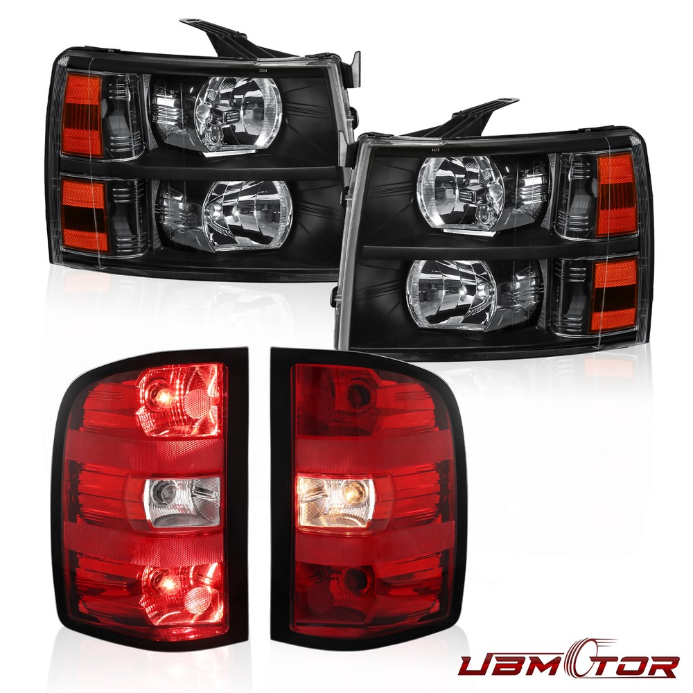 4PCS Black Headlights + Red Tail Lights For Chevy Silverado 1500 2500HD 3500HD