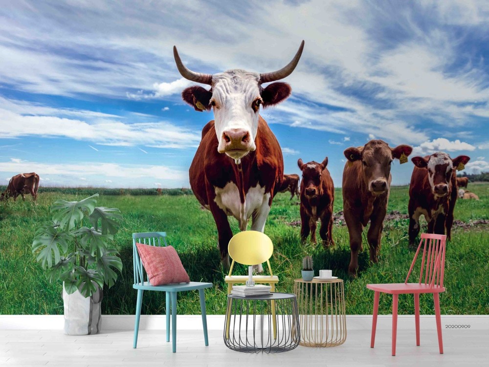 3D Sky Grassland Cow Landscape Wall Murals Wallpaper Murals Wall Sticker