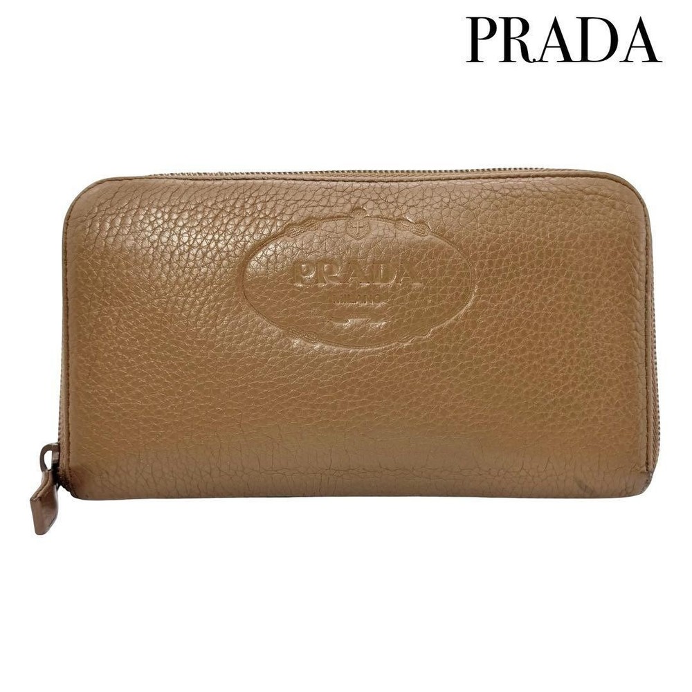 Prada men's brown round zipper long wallet with bill holder and coin purse