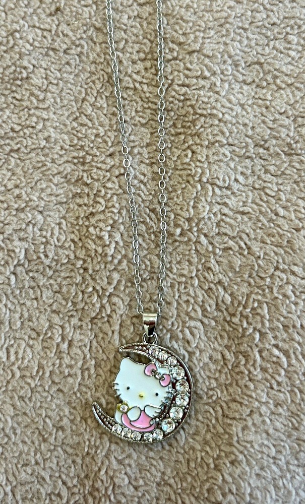 Hello Kitty Sitting On Moon Rhinestone Necklace New