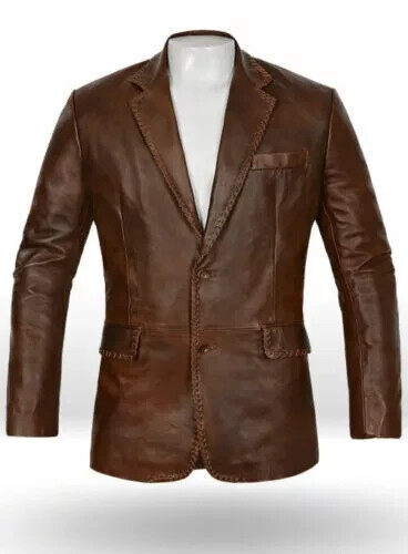 New Men's Brown Genuine Lambskin Biker Leather Blazer Two-Button Formal Coat