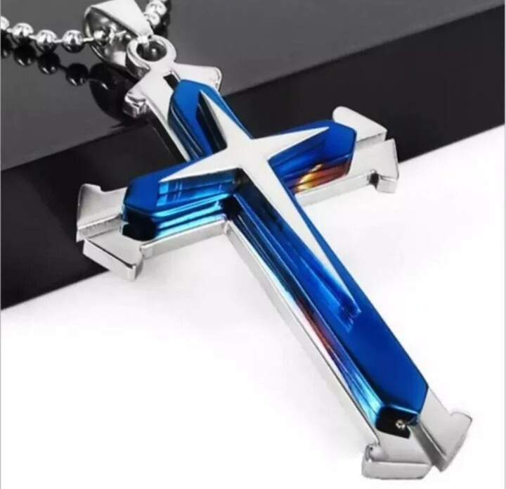 Mens Women Chain Necklace Cross Rosary  Crucifix Blue Pendant Jesus Religious