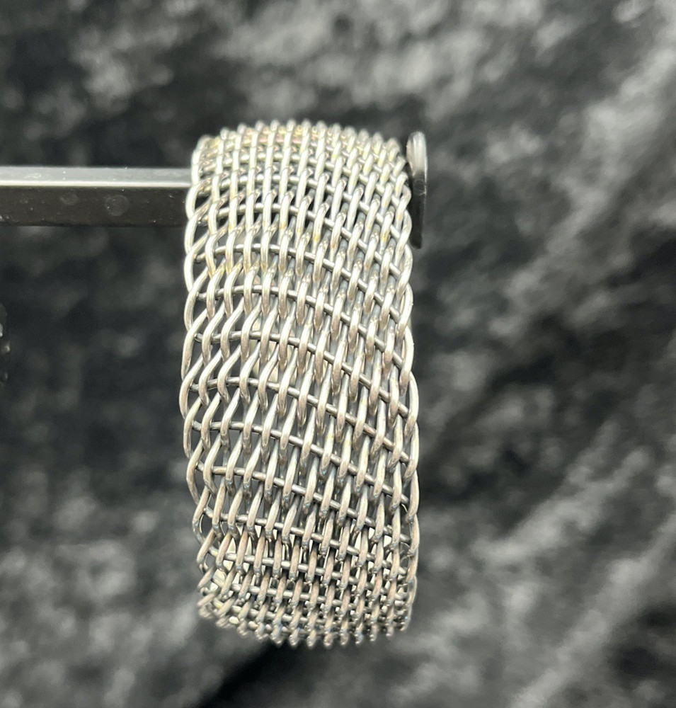 Mesh Bangle Bracelet  Sterling Silver 925 Woven Cuff  1 in Wide 52g Chunky Boho