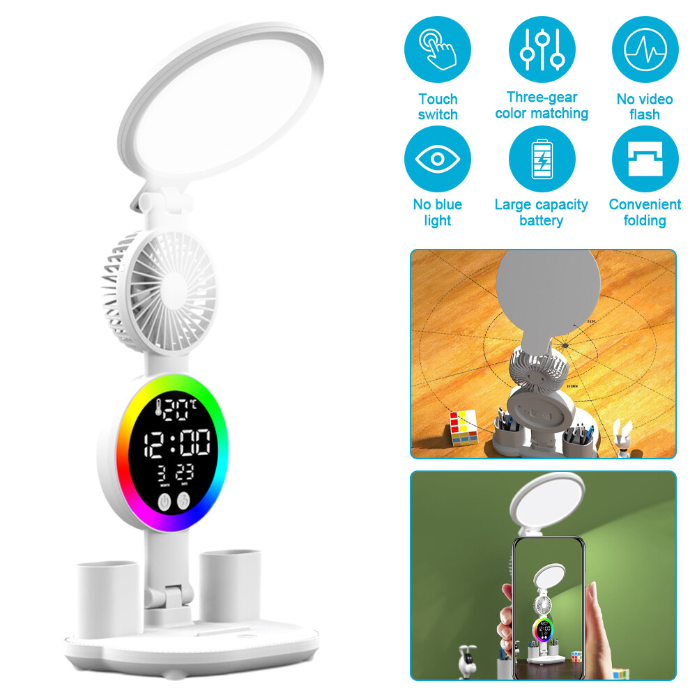 Table Lamp with LED Clock Fan USB Charger Eye Protection for Study Reading