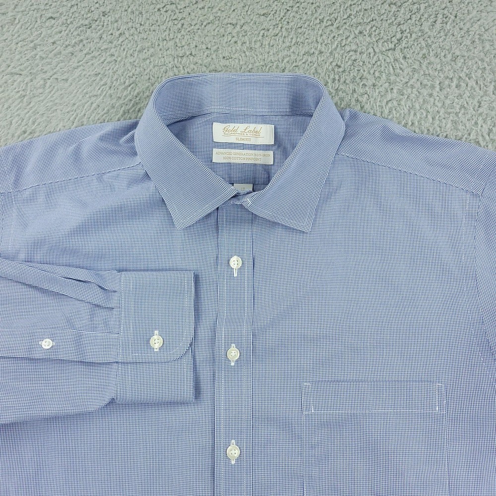 Roundtree & Yorke Gold Label Shirt Mens 17 Slim Fit Blue Non Iron Pinpoint Dress