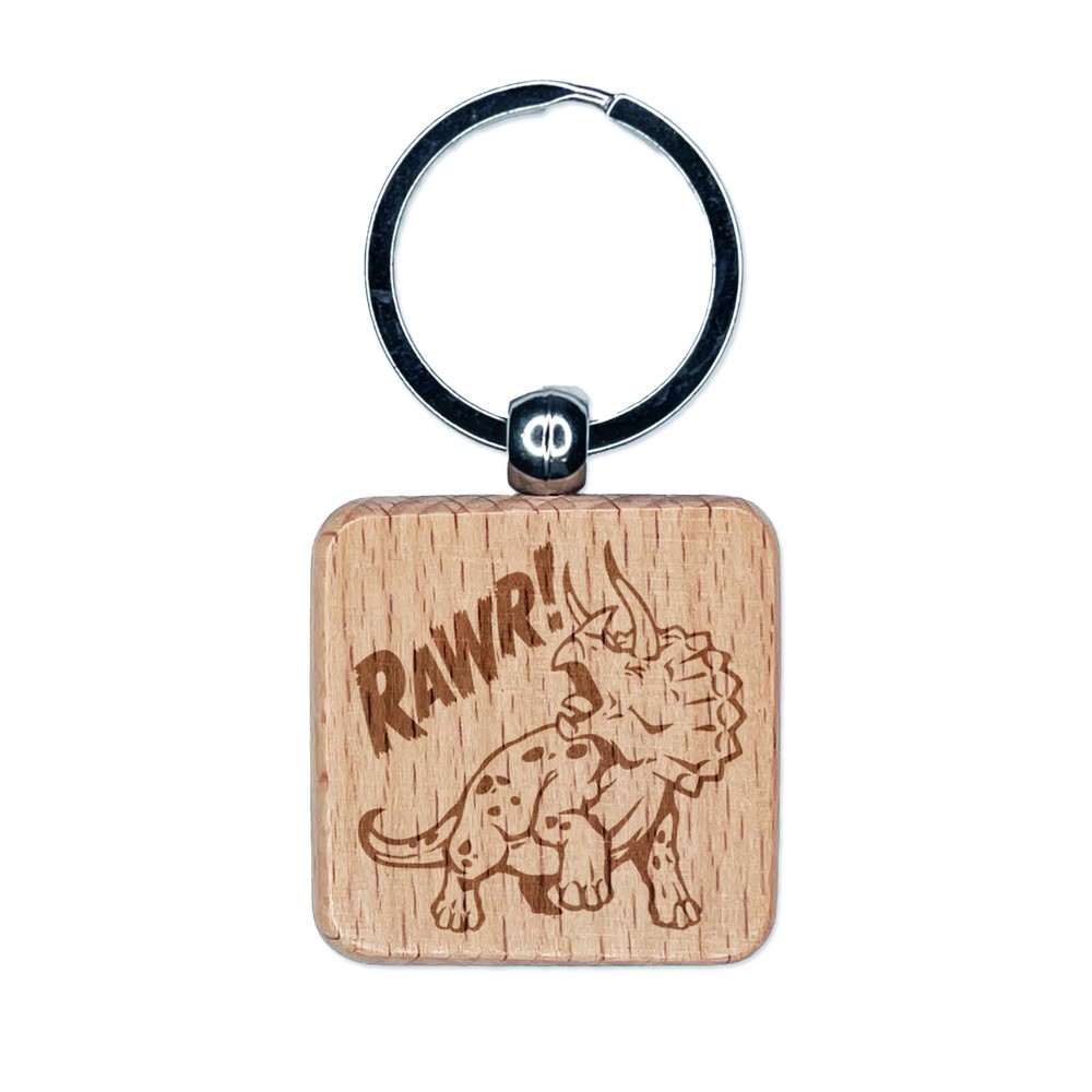 Triceratops Rawr Roar Dinosaur Engraved Wood Square Keychain Tag Charm