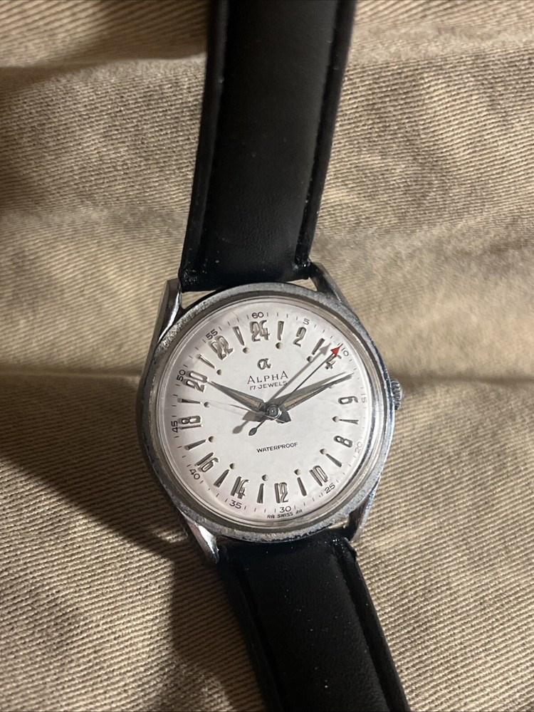 Vintage “ ALPHA “ 17 Jewel 24Hr Pilot Men's Watch. #575817 Red Arrow WORKS WELL!