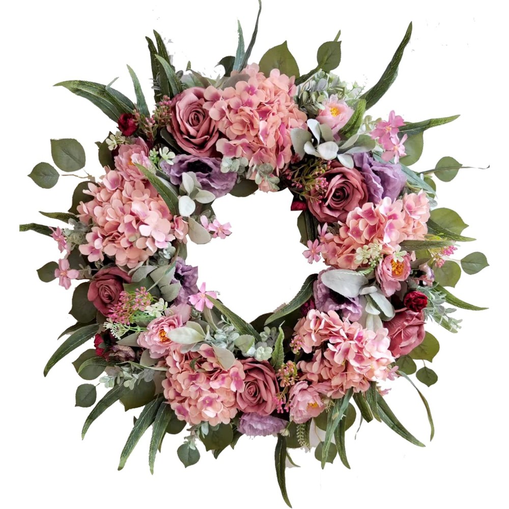 24 Inch Spring Hydrangea Wreath for Front Door with Vibrant Blooms