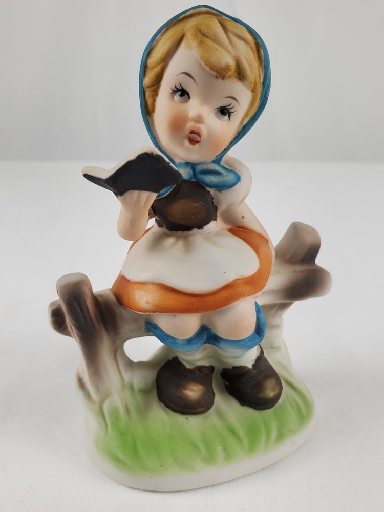 Vintage Girl on Fence with Book Porcelain Figurine Scarf on Head 4.5