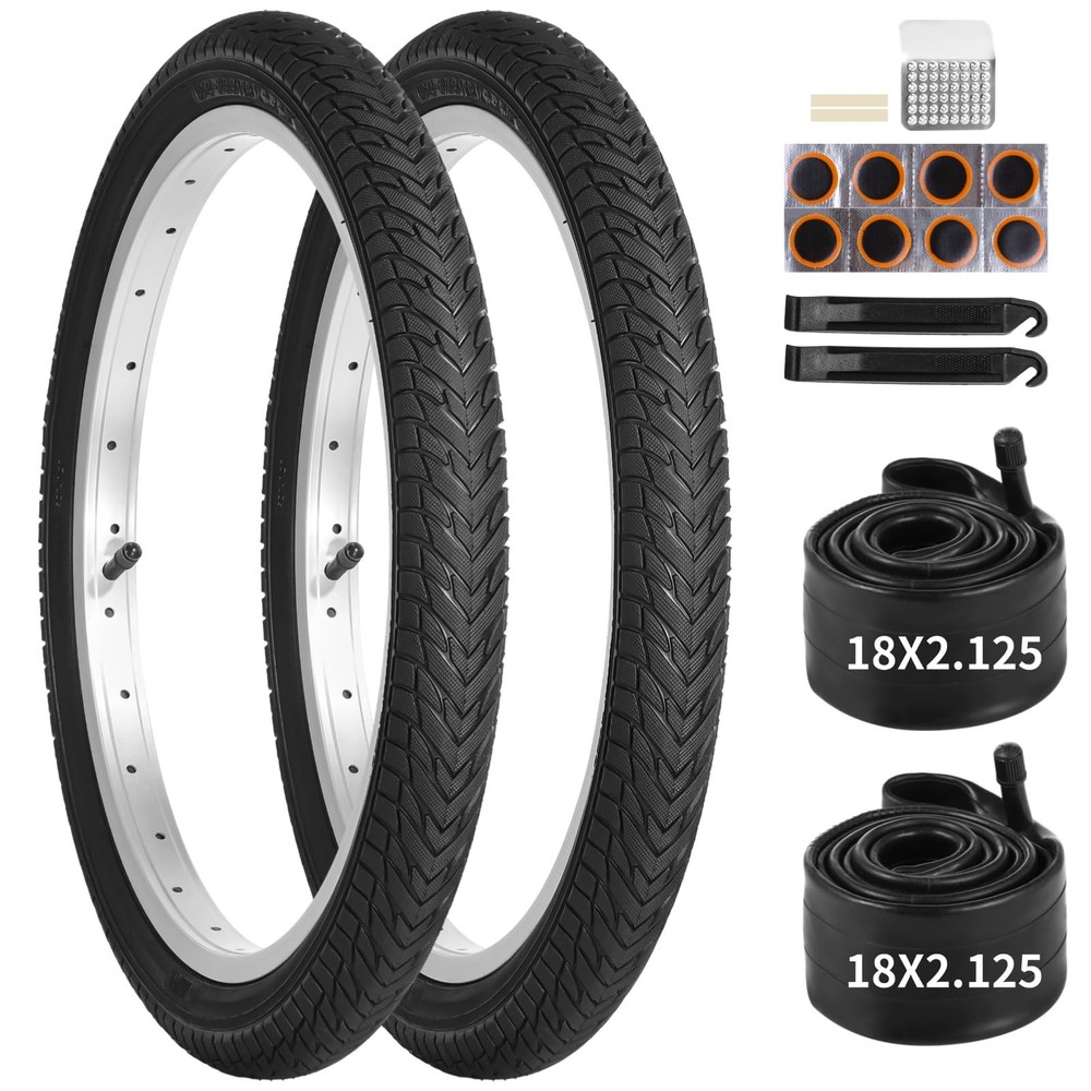 18 Inch Kids Bike Tire Set with 2 Tires, Inner Tubes & Repair Kit