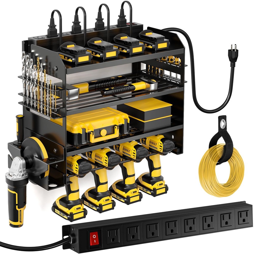 Wall-Mounted Power Tool Organizer with 8-Outlet Charging Station