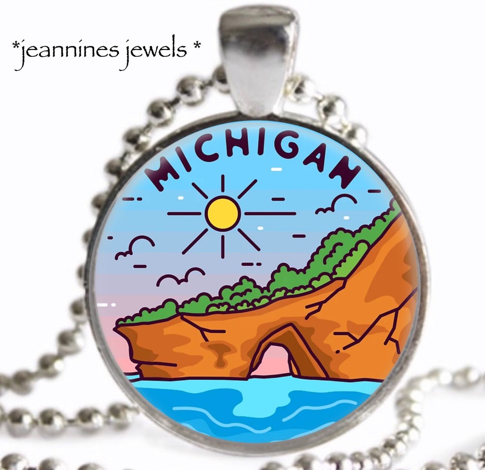 Michigan NECKLACE Souvenir USA Travel Art Print Silver Charm Pendant Necklace