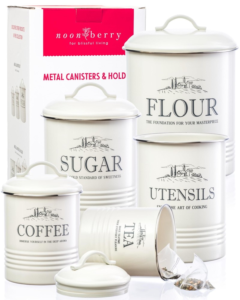 Kitchen Canisters for Countertop – Set of 5 White Canister Sets for the Kitch...
