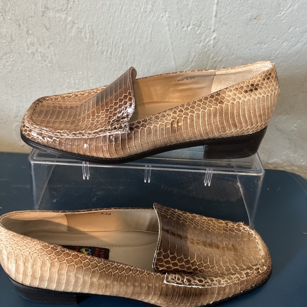 Carlos Falchi Lana Loafers Croc Print Brown Leather Apron Round Toe Shoes Sz 9B